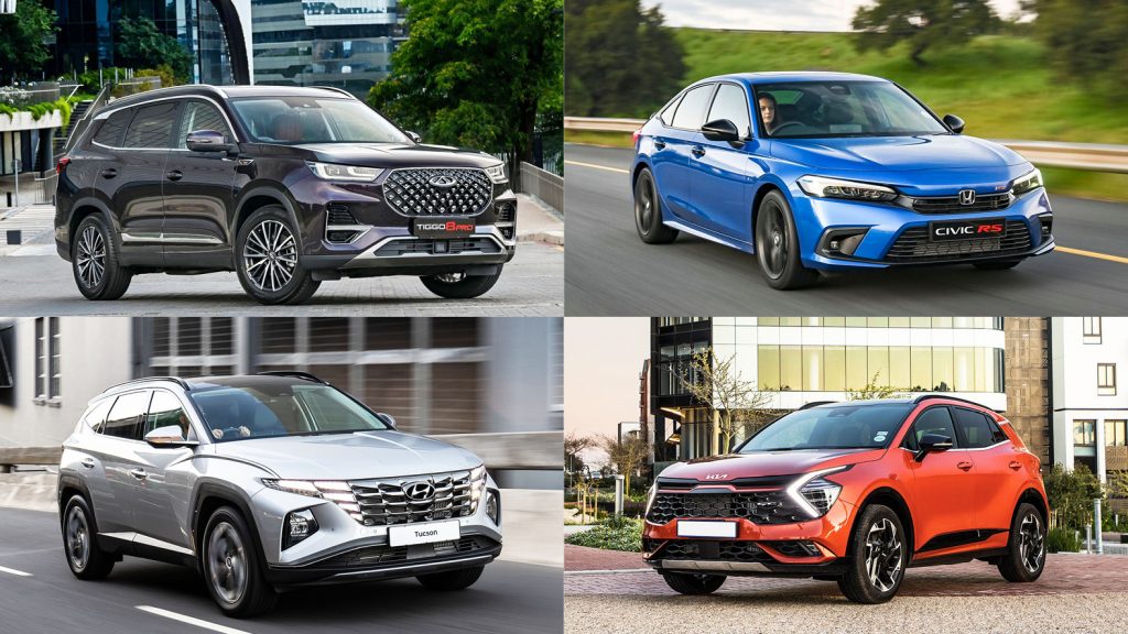 Four of the five finalists in the Midsize category: Chery Tiggo 8 Pro, Honda Civic RS, Hyundai Tucson, and Kia Sportage. The fifth finalist, the Alfo Romeo Tonale is pictured right at the top of the article. #SACOTY2023